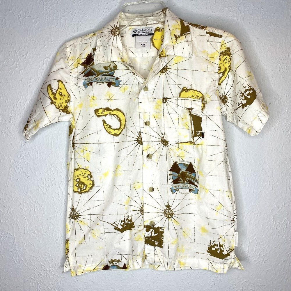 Columbia boy's M, Hawaiian Shirt Captain Fish Head Print, button down shirt.